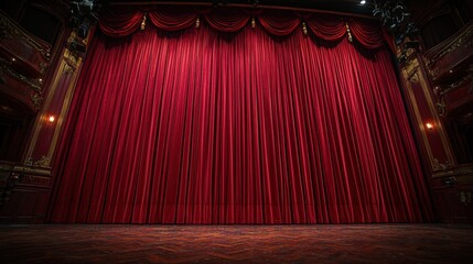 Dramatic red curtains closed on a theater stage before a performance begins