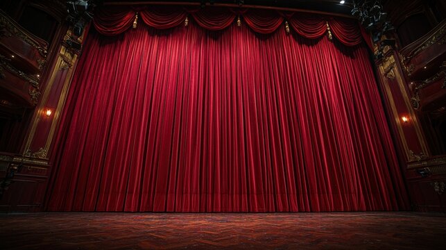 Dramatic red curtains closed on a theater stage before a performance begins