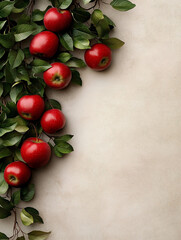 Red apples and green leaves on a light backdrop