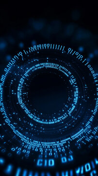 Futuristic digital interface with glowing blue binary code and circular design.
