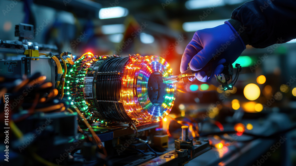 Poster technician working on colorful electronic device with glowing lights, showcasing precision and skill