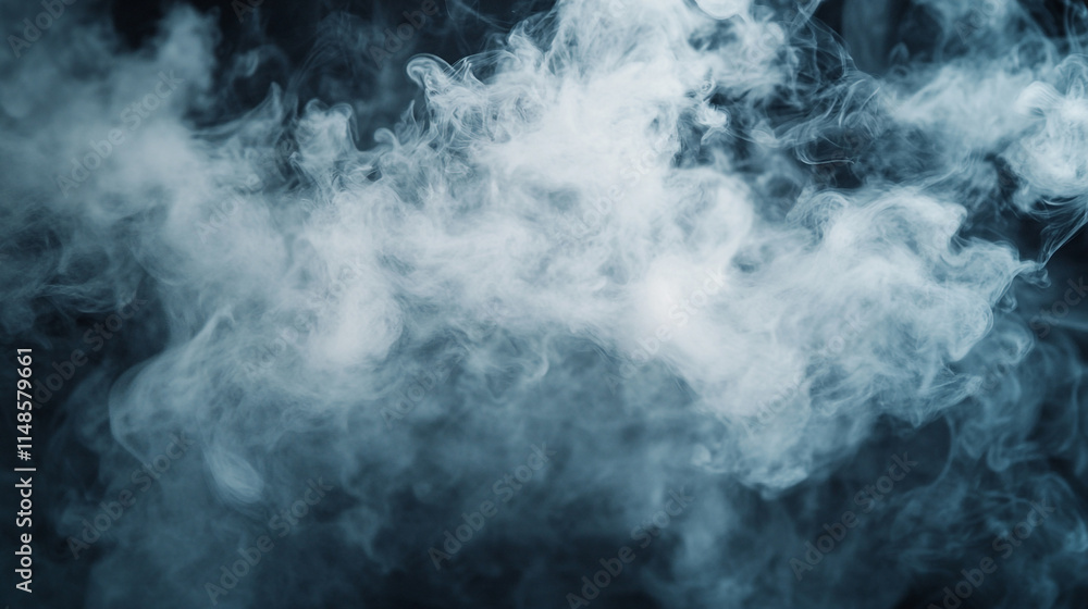 Poster clouds of vapor creating an ethereal atmosphere in a dimly lit environment.