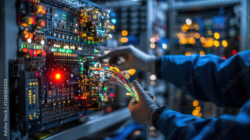 Poster technician working on circuit board with colorful wires and lights. intricate details showcase compl