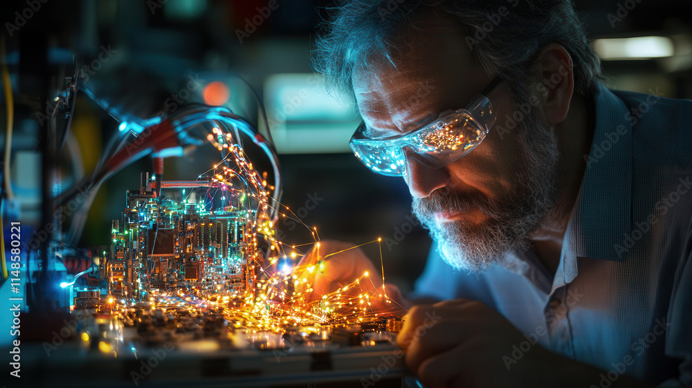 Poster technician working on circuit board, surrounded by colorful sparks and lights, showcasing intricate 