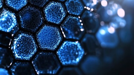 Abstract Hexagonal Cellular Structure, Microscopic Blue Network, Nanotech Background