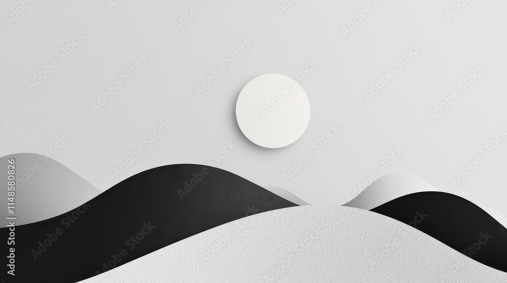 Aufkleber minimalist abstract landscape with curved black and white hills and a light circular element in a so