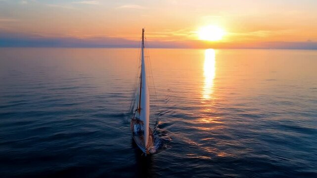 A beautiful sailing experience takes place as a boat glides smoothly over tranquil waters during sunset. The sky is painted with vibrant hues of orange and purple, creating a serene atmosphere.