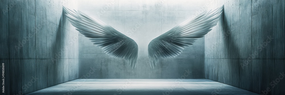 Poster Ethereal angel wings illuminated in a minimalistic concrete space creating a surreal atmosphere of tranquility and hope. Generative AI