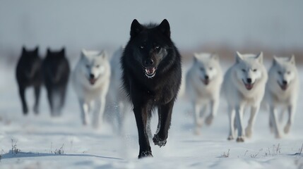 Naklejka premium A striking pack of wolves in winter, with an alpha black wolf leading the group through the snow-covered landscape.
