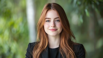 Naklejka premium Portrait of a smiling young woman with long red hair, outdoors.