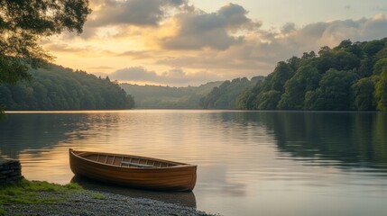 Obraz premium Serene lake with a wooden boat at sunset, surrounded by green hills and a calm water surface reflecting the sky.