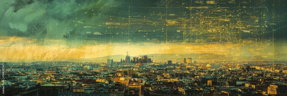 Aufkleber cityscape featuring digital neural network visually representing artificial intelligence in urban se
