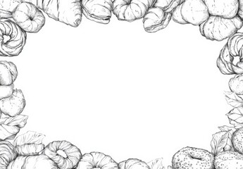 Hand-drawn vector illustration of an isolated frame made from various pastries, including croissants, cookies, rolls, bagels, and a Texas-style border