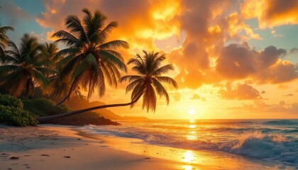 Spectacular Tropical Sunset on Pristine Beach with Palm Trees