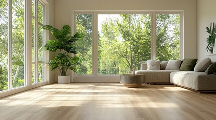 Bright living room with large windows and greenery creating a serene atmosphere