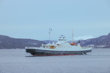Ferryboat station in harsh winter conditions near Trondheim, Norway, Europe