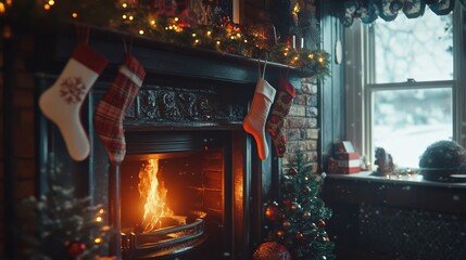 Cozy Christmas Fireplace with Stockings and Warm Glow of Fire
