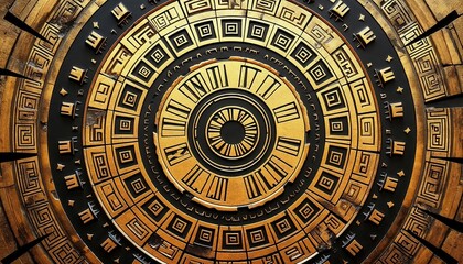 Naklejka premium Intricate Golden Geometric Mandala Design: Ancient Art Inspired Circular Pattern with Black Background