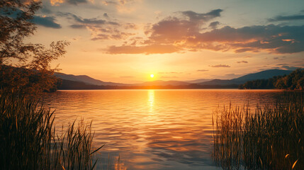 Obraz premium Stunning sunset over calm lake surrounded by mountains and reeds.