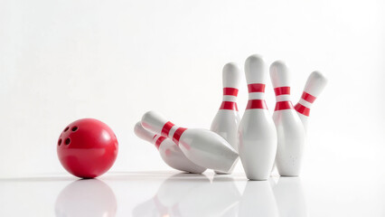 Bowling game with red ball hitting white pins on reflective surface