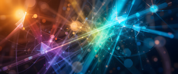 Obraz premium Colorful intersecting lines and triangles create a dynamic technological background, enhanced by a bokeh effect that adds depth and visual interest, suggesting innovation and connectivity.