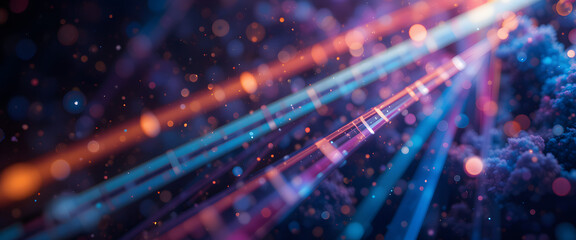 Fototapeta premium Colorful intersecting lines and triangles create a dynamic technological background, enhanced by a bokeh effect that adds depth and visual interest, suggesting innovation and connectivity.