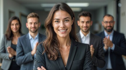 Your moment to stand out. Image of a successful businesswoman receiving applause from her colleagues in the office. At last