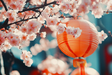Chinese New year background with Lantern and Cherry blossom tree, flowers