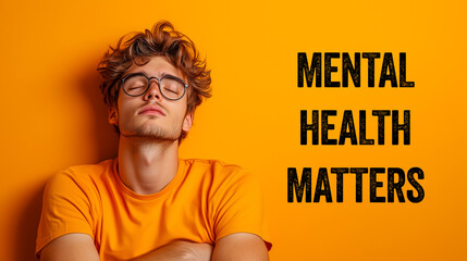 Young man with mental health matters message on orange background. Conceptual mental health matters symbol. Copy space.
