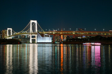 Fototapeta premium 東京湾の夕暮れ，レインボーブリッジと湾岸の街並み，東京