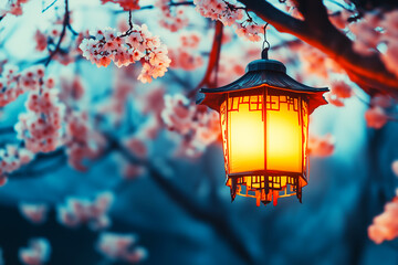 Chinese New year background with Lantern and Cherry blossom tree, flowers