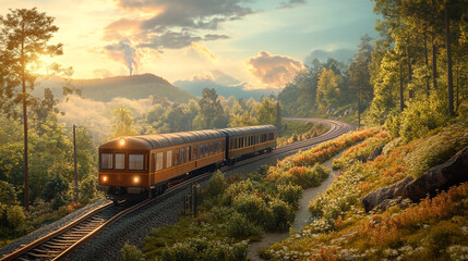Fototapeta premium Scenic train journey through lush hills duringolden hour.