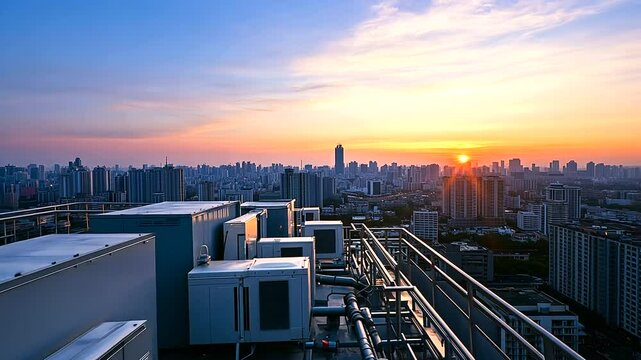 A rooftop industrial air conditioning unit surrounded by piping and access ladders, with a sprawling city skyline fading into the horizon