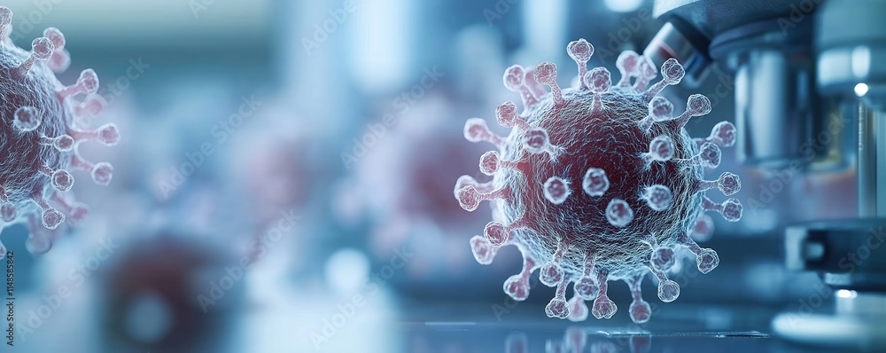 Poster microscopic virus particle under laboratory examination. close-up view shows complex structure. scie