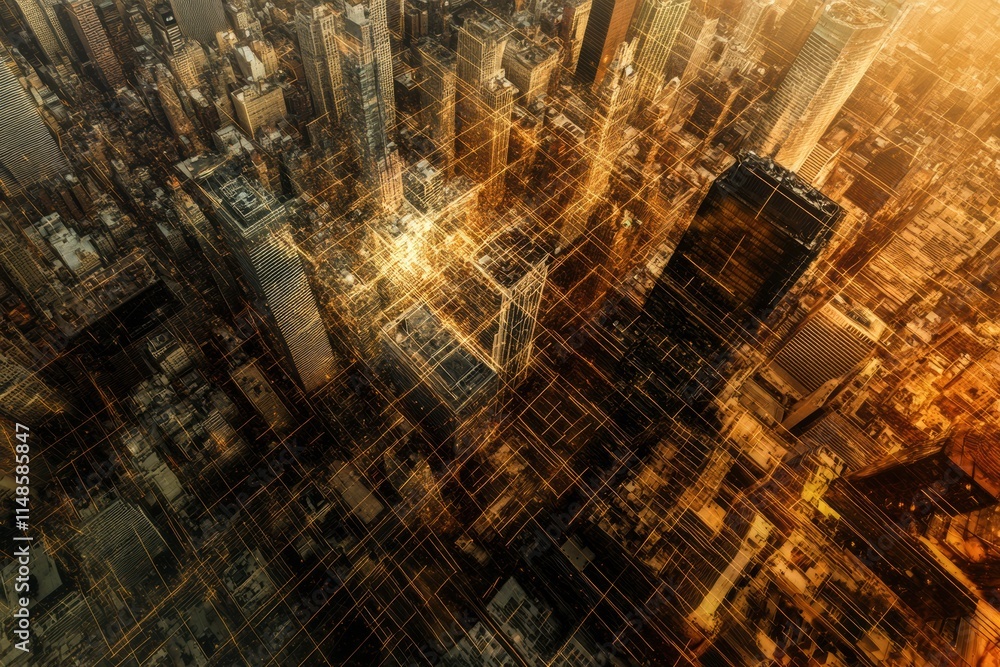 Poster city skyline merged with digital neural network representing the rise of artificial intelligence in 