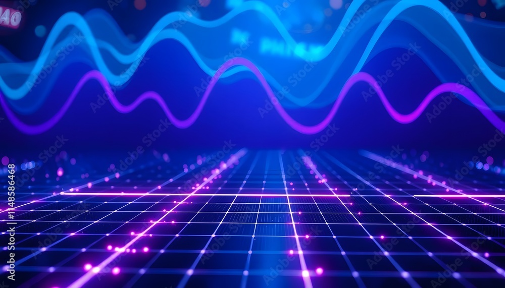 Poster abstract data visualization: neon waves and grid