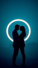 Emotional value love expression passion vulnerability. Silhouette of a couple embracing with a glowing circle backdrop.