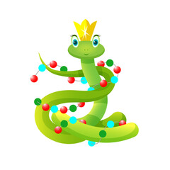 Cartoon snake wearing a crown with garlands. A character from the year 2025, an image on a white background.