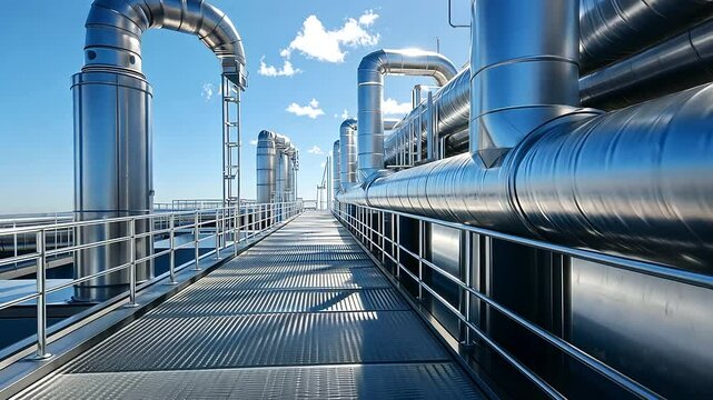 A close-up of an industrial HVAC unit on a rooftop, with visible ducting, metallic panels, and surrounding safety rails, framed by a clear, sunny sky