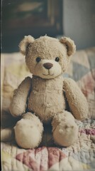 Obraz premium Vintage teddy bear on quilted blanket in nostalgic childhood setting