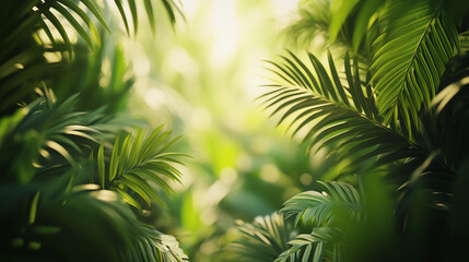 Lush tropical foliage illuminated by soft sunlight in a serene landscape.