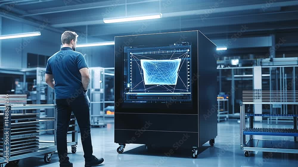 Aufkleber an engineer standing near a massive d printer in a factory, observing its operation while surrounded