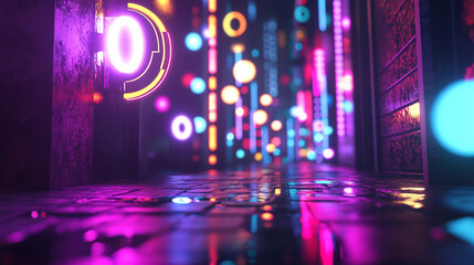 Vibrant neon lights illuminate a wet street in a futuristic urban alley.