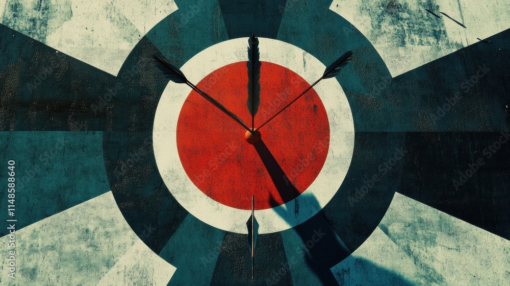 Poster clock display featuring an archery target design with arrows casting shadows in midday light. genera