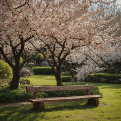 A serene garden with cherry blossoms in full bloom, where an introvert is journaling on a rustic bench.