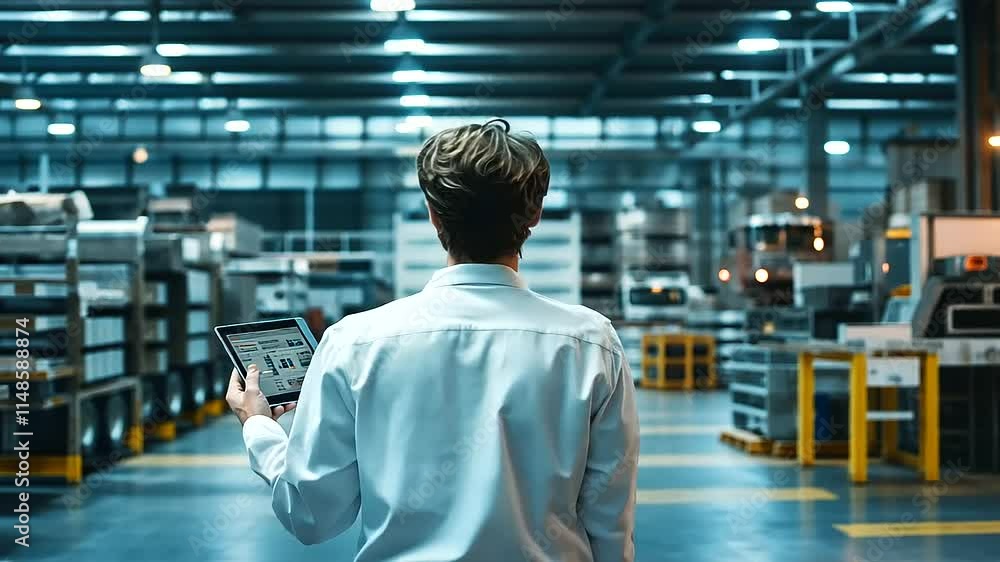 Aufkleber a back view of an engineer holding a tablet, analyzing data in a modern factory filled with machiner