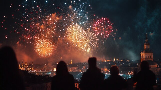 Silhouetted figures watch a vibrant fireworks display over a city skyline at night.  The warm and cool colors of the fireworks create a stunning contrast against the dark night sky.