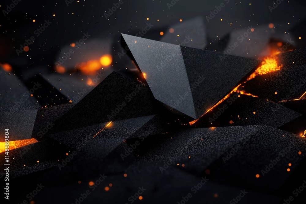 Poster fiery abstract 3d background with geometric shapes. molten metallic shapes with intense energy. expl