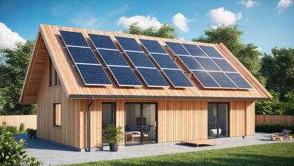 Fototapeta premium Modern wooden house with solar panels installed