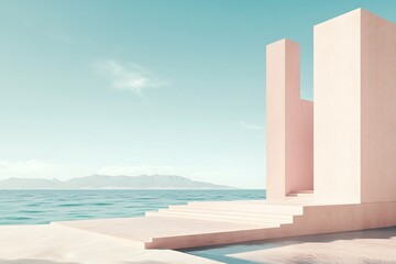 Fototapeta premium Minimalist architecture by the ocean with steps